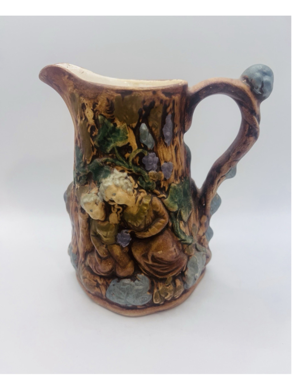 Vintage Majolica Style Creamer Pitcher Babes In The Woods Inspired Signed 1976